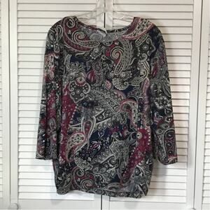 Bon Worth Y2K Boho Multi-toned Paisley Round Neck ¾ Sleeve Knit Blouse XL